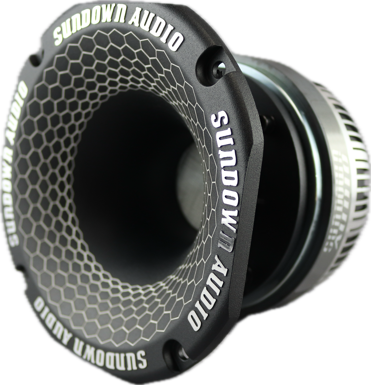 Close-up of a Sundown Audio SHFST 2 Throat Super Horn with a black honeycomb-patterned faceplate featuring Sundown Audio on the edges. The horn driver and intricate design showcase its wide frequency range and superior ferrite magnet build quality.