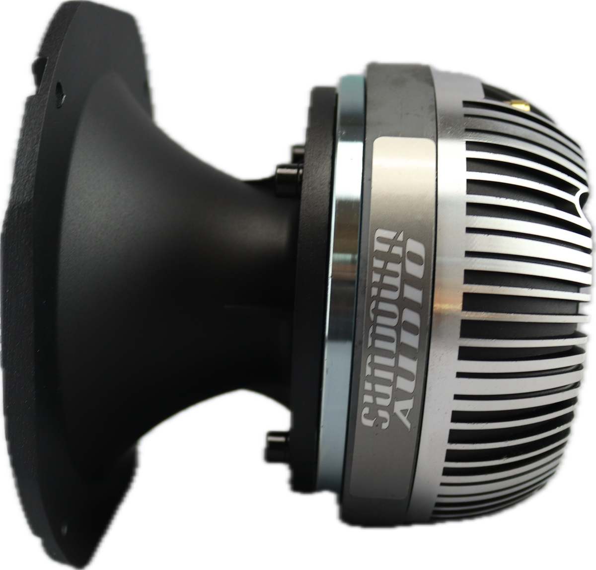Side view of the SHFST 2 Throat Super Horn with Ferrite Magnet by Sundown Audio, featuring a silver and black design with a titanium diaphragm, metal fins, vent-like structures on the cylindrical body, and a mounting flange for easy installation.