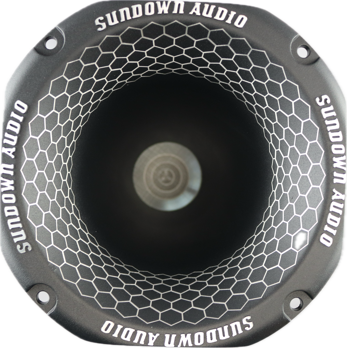 A close-up of the Sundown Audio SHNMD 2 Throat NEO Super Horn showcases its die-cast aluminum frame with a honeycomb pattern and Sundown Audio elegantly printed around the edge, promising premium sound quality.
