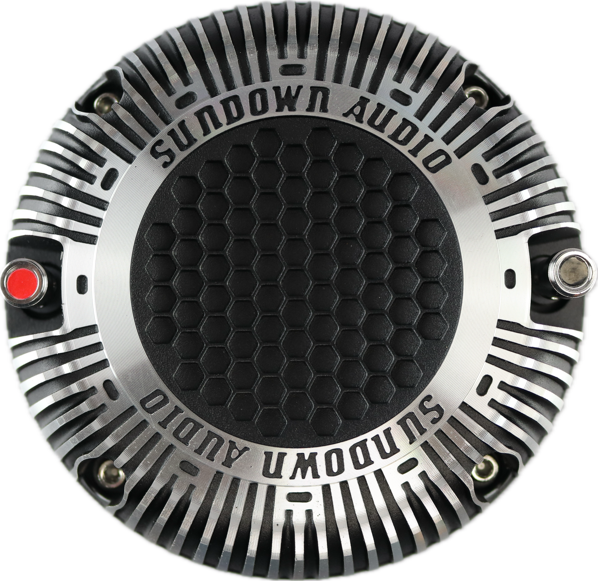 Close-up of a SHNMD 2 Throat NEO Super Horn speaker by Sundown Audio. The circular device has a honeycomb-patterned grille with metallic fins, enhanced by a neodymium magnet, and features red and black connectors on opposite sides. Sundown Audio is printed twice around the edge.
