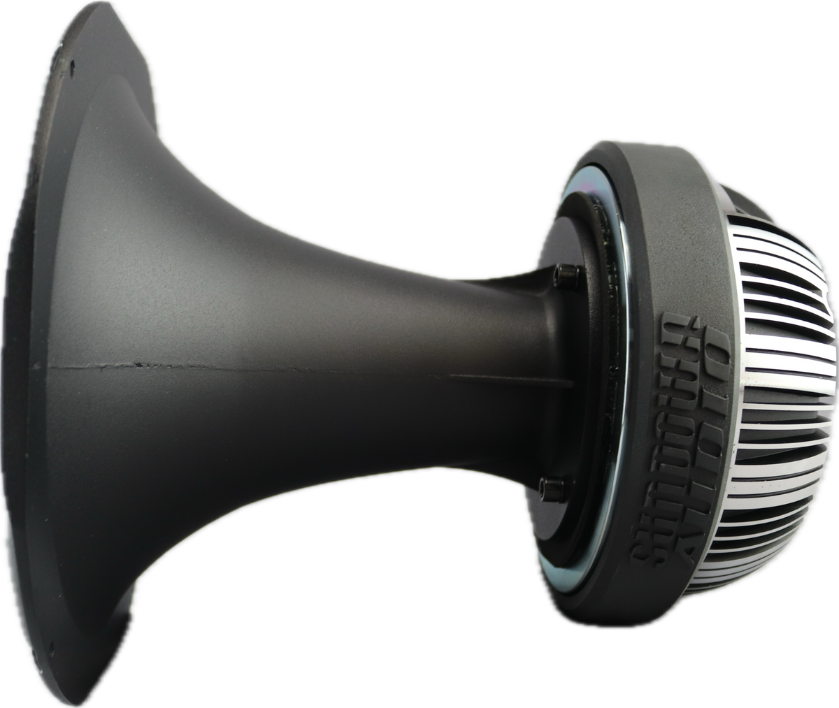 The black and silver SHFTL 2 Throat Super Horn by Sundown Audio features a wide, flared cone similar to a horn driver. Its right side has a ribbed, die-cast aluminum casing that is smooth, enhancing the compact and sturdy design for superior sound quality.
