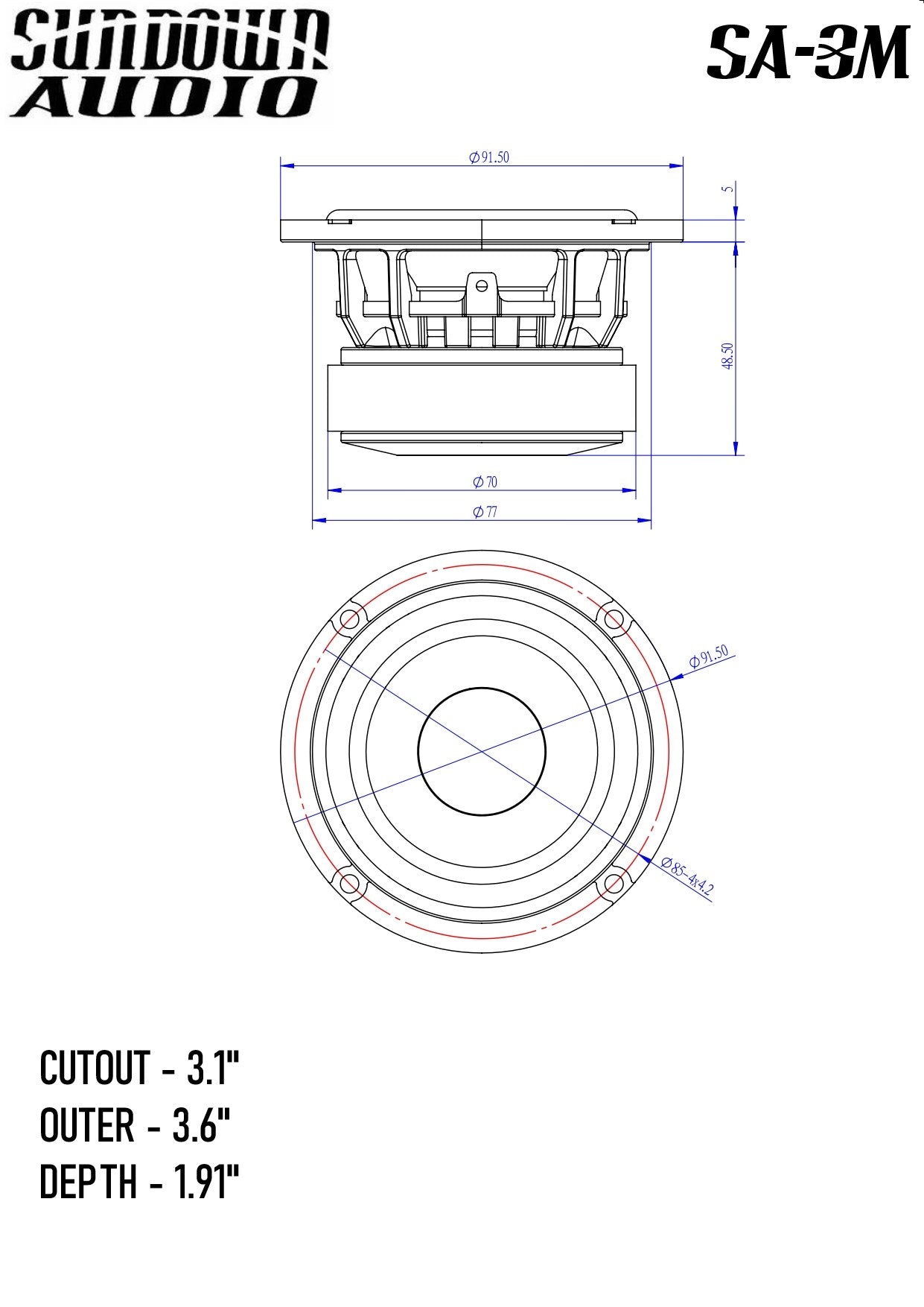 Technical drawing of a Sundown Audio SA-Series SA-3M 3" speaker showcases its full-range capabilities. It presents dimensions: cutout diameter of 3.1 inches, outer diameter of 3.6 inches, and depth of 1.91 inches. Side and top views reveal detailed measurements and mounting holes beneath a robust metal grille, with the Sundown Audio logo displayed prominently at the top.