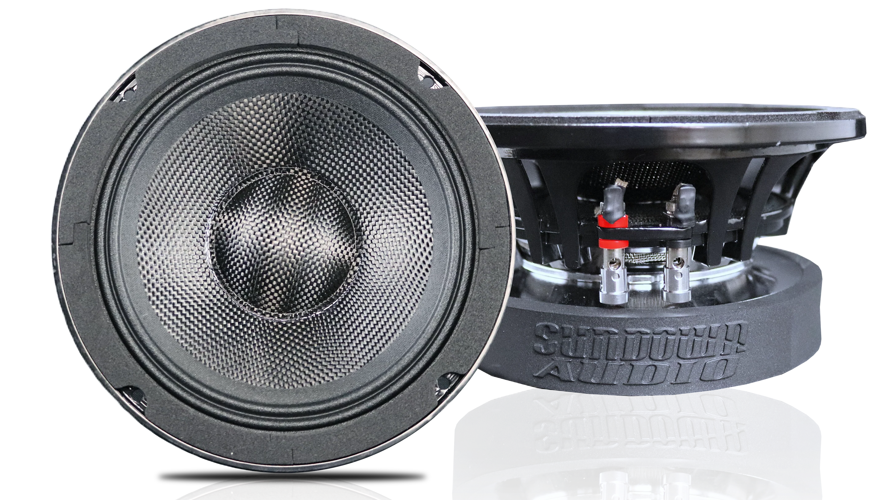 Two Sundown Audio VEX-6.5 Pro Audio Midrange Speakers, each with a 200W RMS power capability, feature high-efficiency midrange and carbon fiber cones in a sleek black finish. One speaker is positioned forward to highlight its textured surface, while the other is tilted to showcase the side and electrical connectors, ensuring an exceptional audio experience.