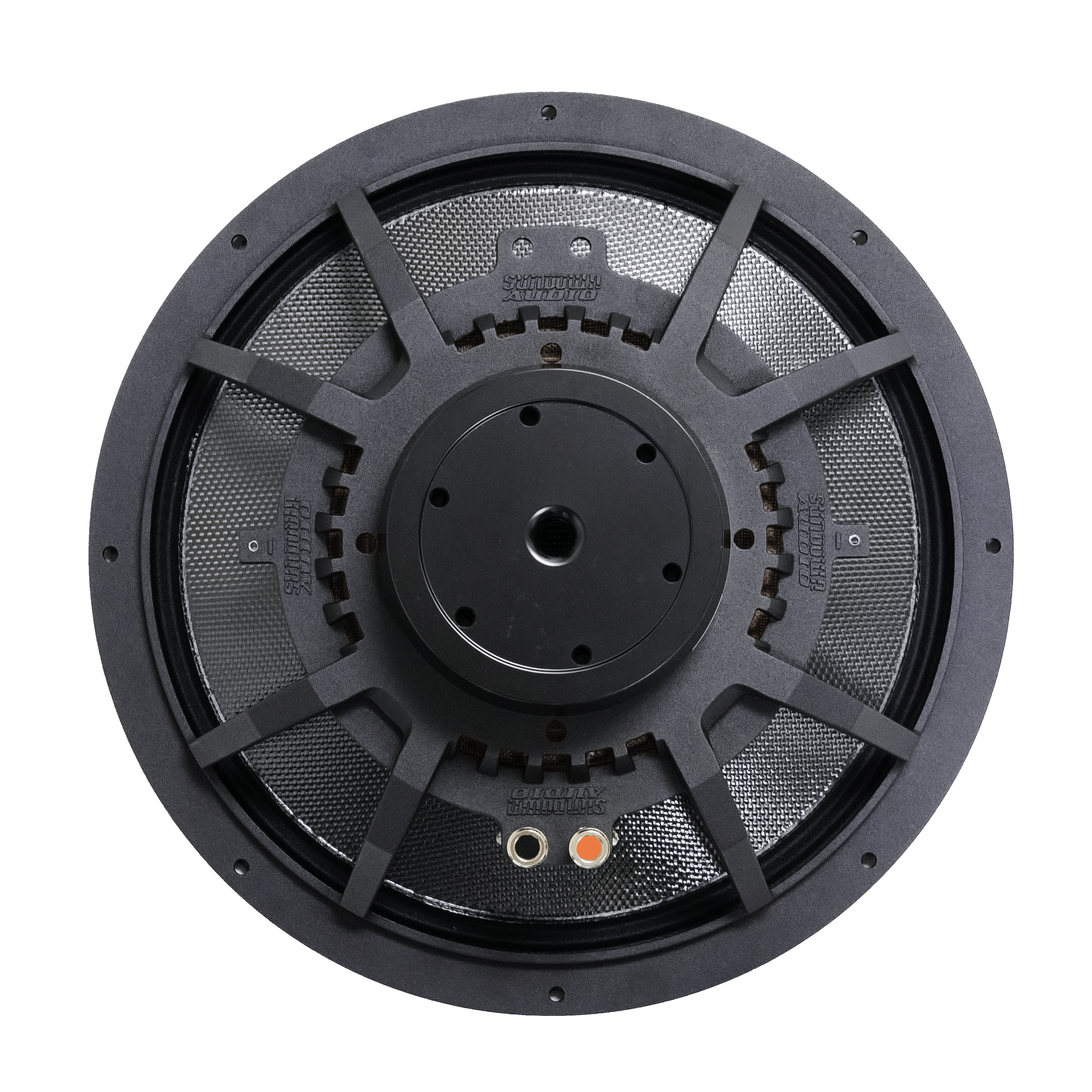 Set against a black background, the Sundown Audio NeoPro-12 v.4 180W-450W 12" Pro Audio Midrange Speaker features a large round design with a detailed frame and visible wiring connections. Its carbon fiber cone is complemented by an inner circular structure with multiple openings and intricate metalwork, highlighting its robust pro audio capabilities.