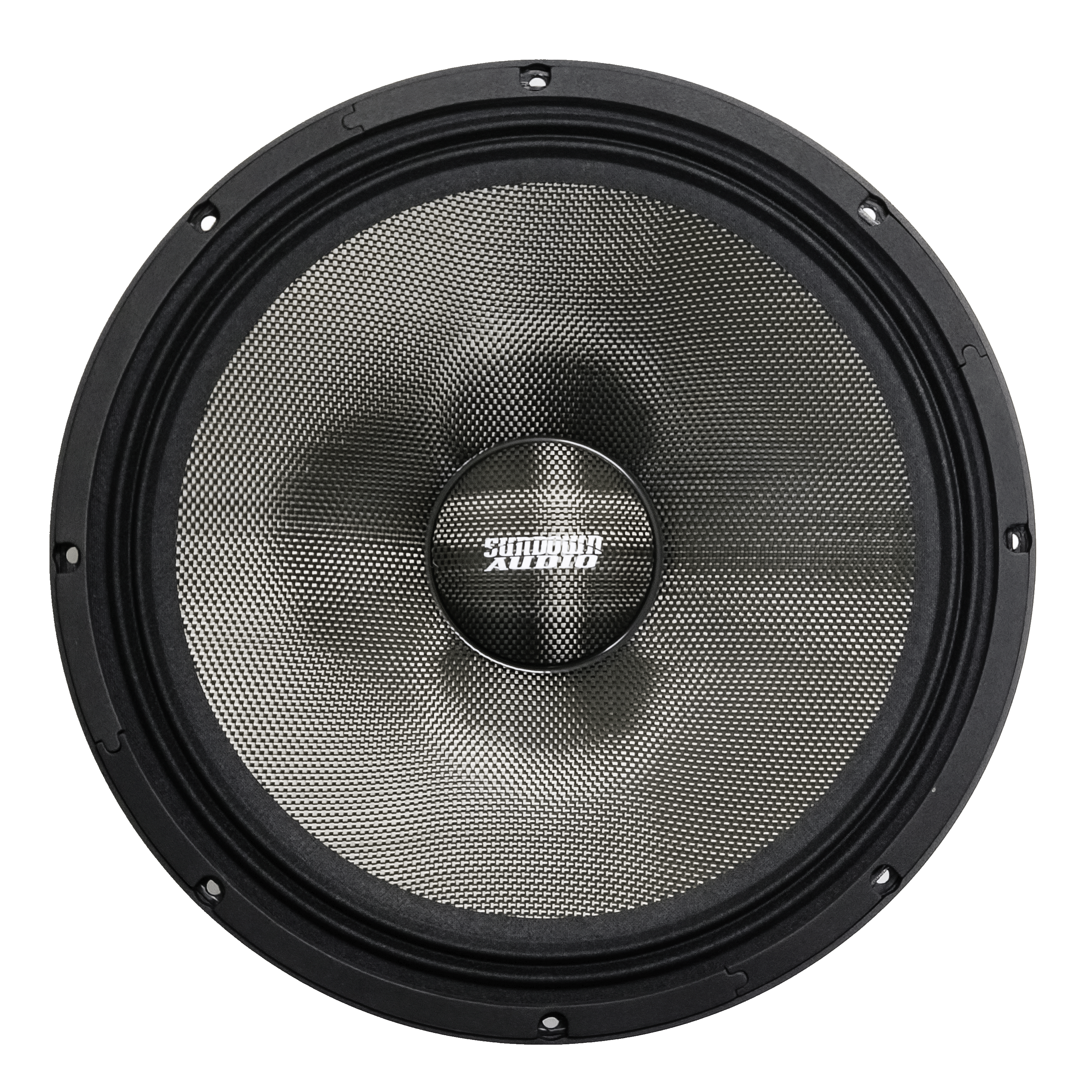 Close-up of a Sundown Audio NeoPro-12 v.4 speaker in black and gray, showcasing its textured surface and carbon fiber cone. It features a central silver dome with the branded Sundown Audio logo at the center, all surrounded by a circular, beveled black rim.