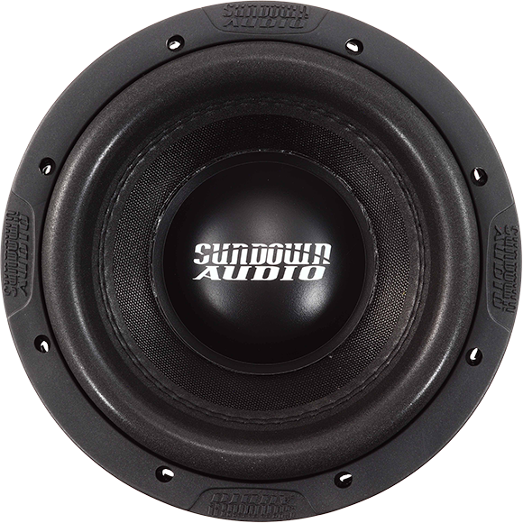 Close-up of a Sundown Audio U-Series 8 v.1 Subwoofer facing forward. The central dust cap showcases the Sundown Audio logo in white. This woofer features a black rubber surround and is mounted in a sturdy circular frame with visible mounting holes, ensuring optimal heat dissipation for superior performance.