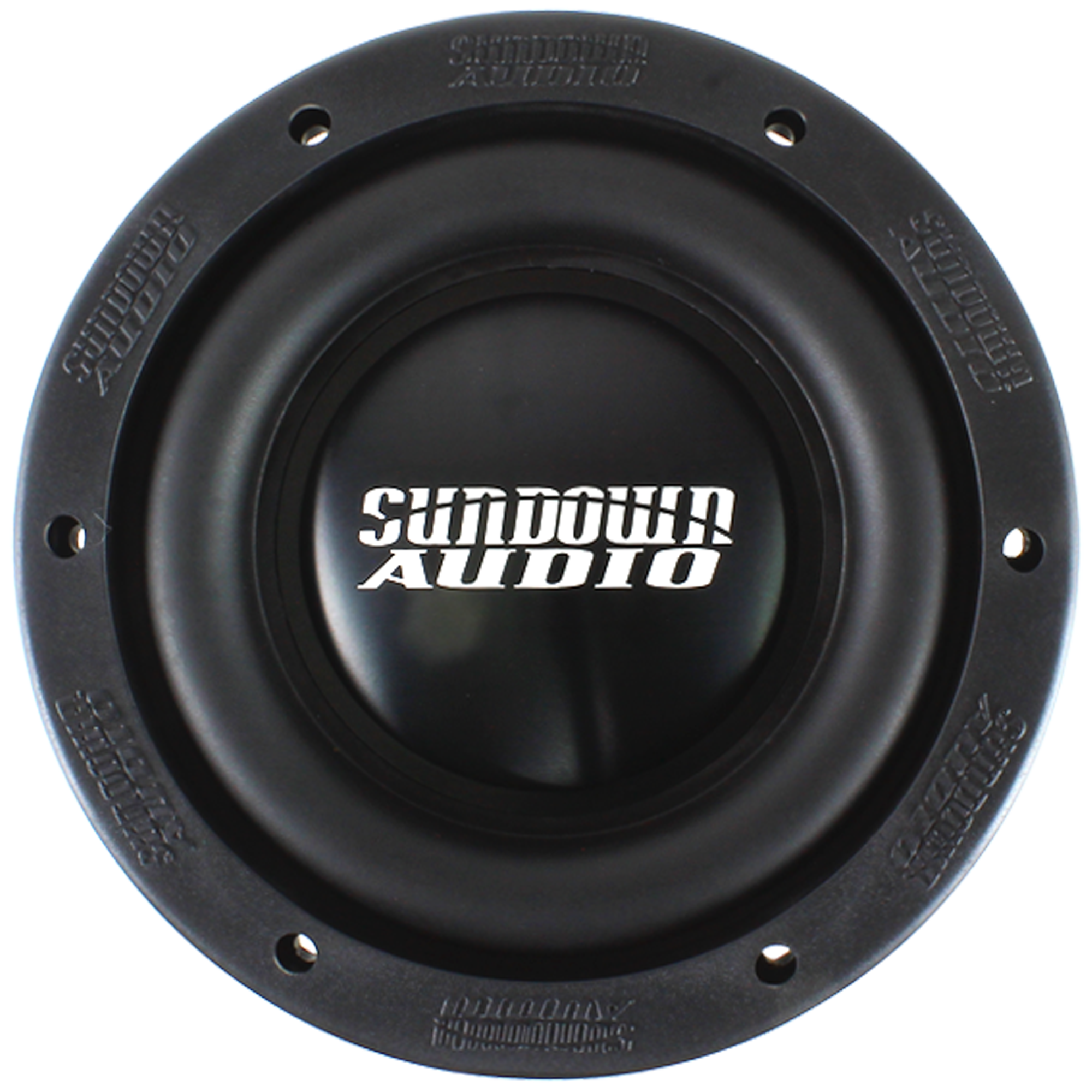 The Sundown Audio X-Series 6.5" 300 Watt X-6.5 v.2 Subwoofer features a sleek black circular design with the distinctive Sundown Audio branding in white at its center. It includes patented frames and an outer rim lined with multiple small screws for secure mounting, offering ultra-high excursion ideal for deep bass enthusiasts.