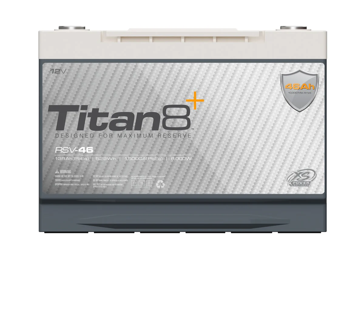 The XS Power Titan8 RSV-46 lithium battery features an elegant silver and gray design, proudly displaying the model number RSV-46. Its label highlights a robust 46Ah capacity and 12-volt output, capable of delivering between 6,000 to 10,000 watts. A shield symbol in the top right corner adds an extra touch of confidence.