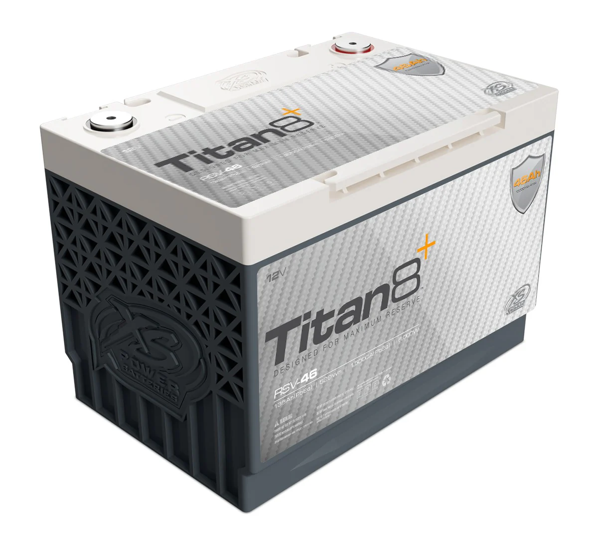 A powerful rectangular battery with a gray base and a white top, branded as the XS Power Titan8 RSV-46, showcases the text "Titan 8+" and "X2 Power." Its terminals feature red and black caps, suggesting its lithium technology, while textured patterns decorate its sides.