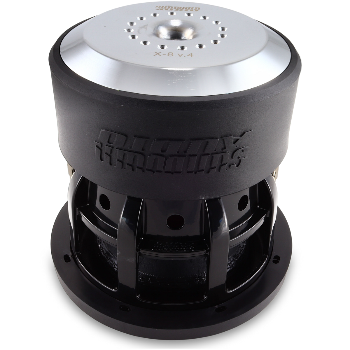 The Sundown Audio X-Series v.4 8 Subwoofer features a sleek black and silver cylindrical design with vent holes for enhanced airflow, a metallic top with engraved text, and a robust base for rich bass and captivating low-frequency sound.