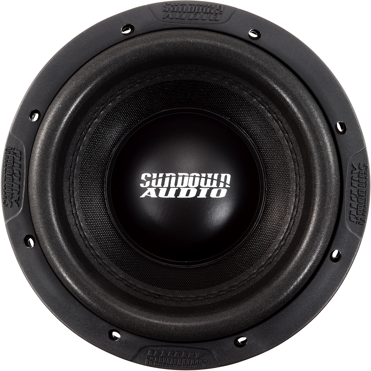 Close-up of the X-Series v.4 8 Subwoofer by Sundown Audio, featuring a black central cone with the brands logo. The textured outer rim and eight screw holes highlight its precise linear suspension design for deep bass.