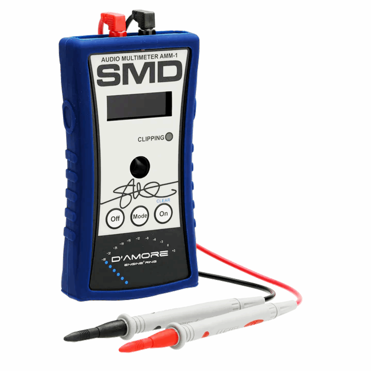 The SMD Audio Multimeter AMM-1 by Steve Meade Designs, featuring a blue rubber shell, includes a screen and buttons marked Off, Mode, and On. It carries the SMD branding and comes with black and red probe leads suitable for subwoofer tuning and impedance measurement.