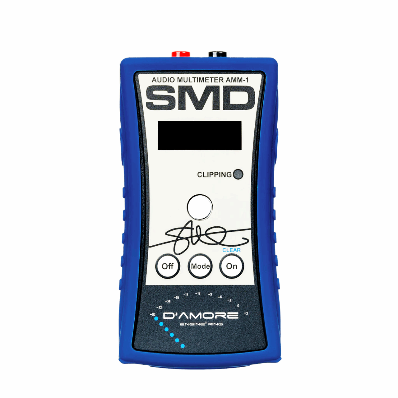 Blue and black SMD Audio Multimeter AMM-1 by Steve Meade Designs, equipped with Off, Mode, and On controls. Ideal for impedance measurement, it includes a screen and a clipping indicator above its signature. Perfect for subwoofer tuning, this device is branded under SMD.