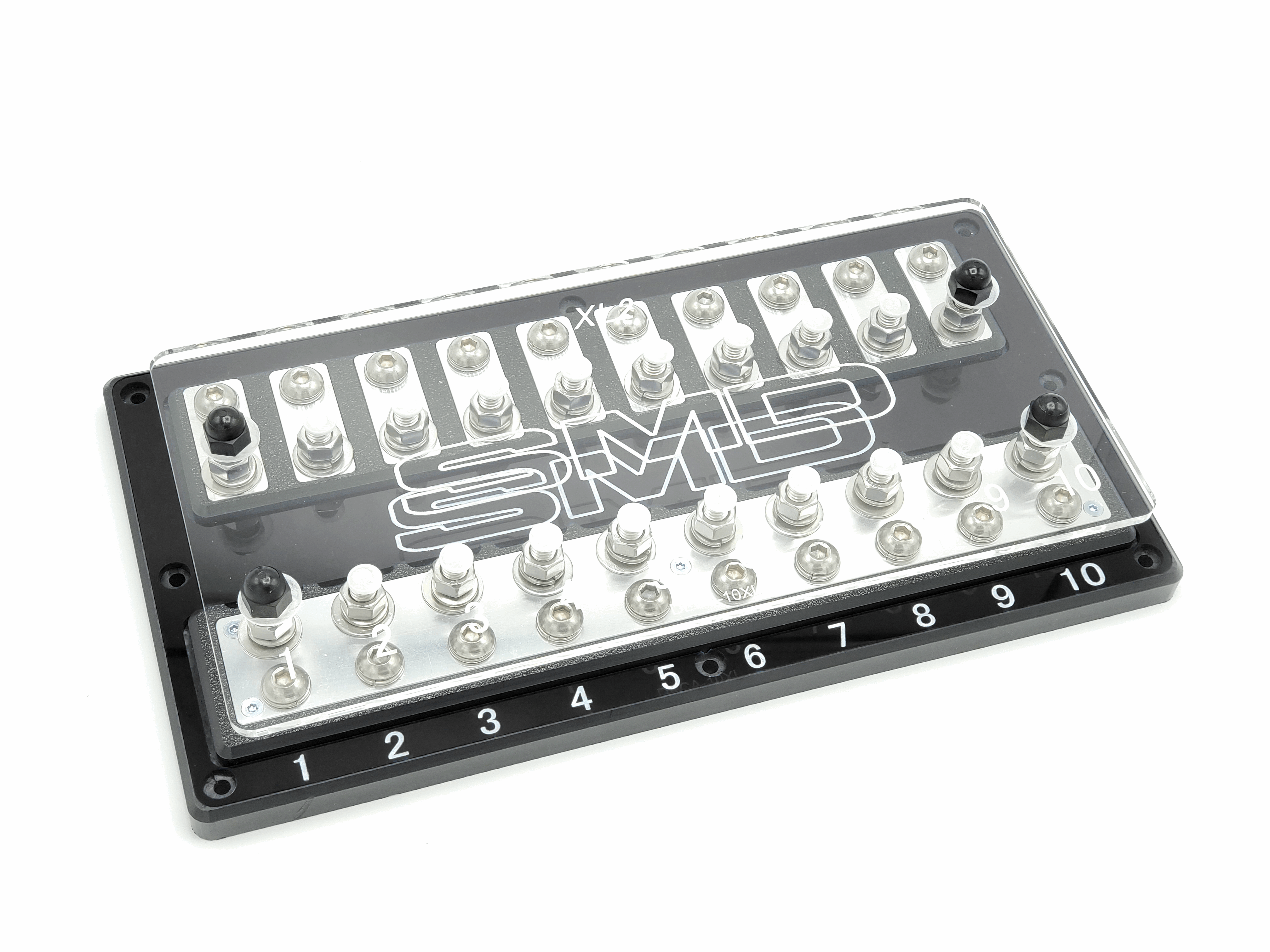 The SMD Deca XL2 10-Spot ANL Fuse Block from Steve Meade Designs features multiple switches in two rows beneath a clear protective cover, offering advanced vehicle fuse protection. Each switch is prominently labeled with numbers 1 to 10 for easy identification.