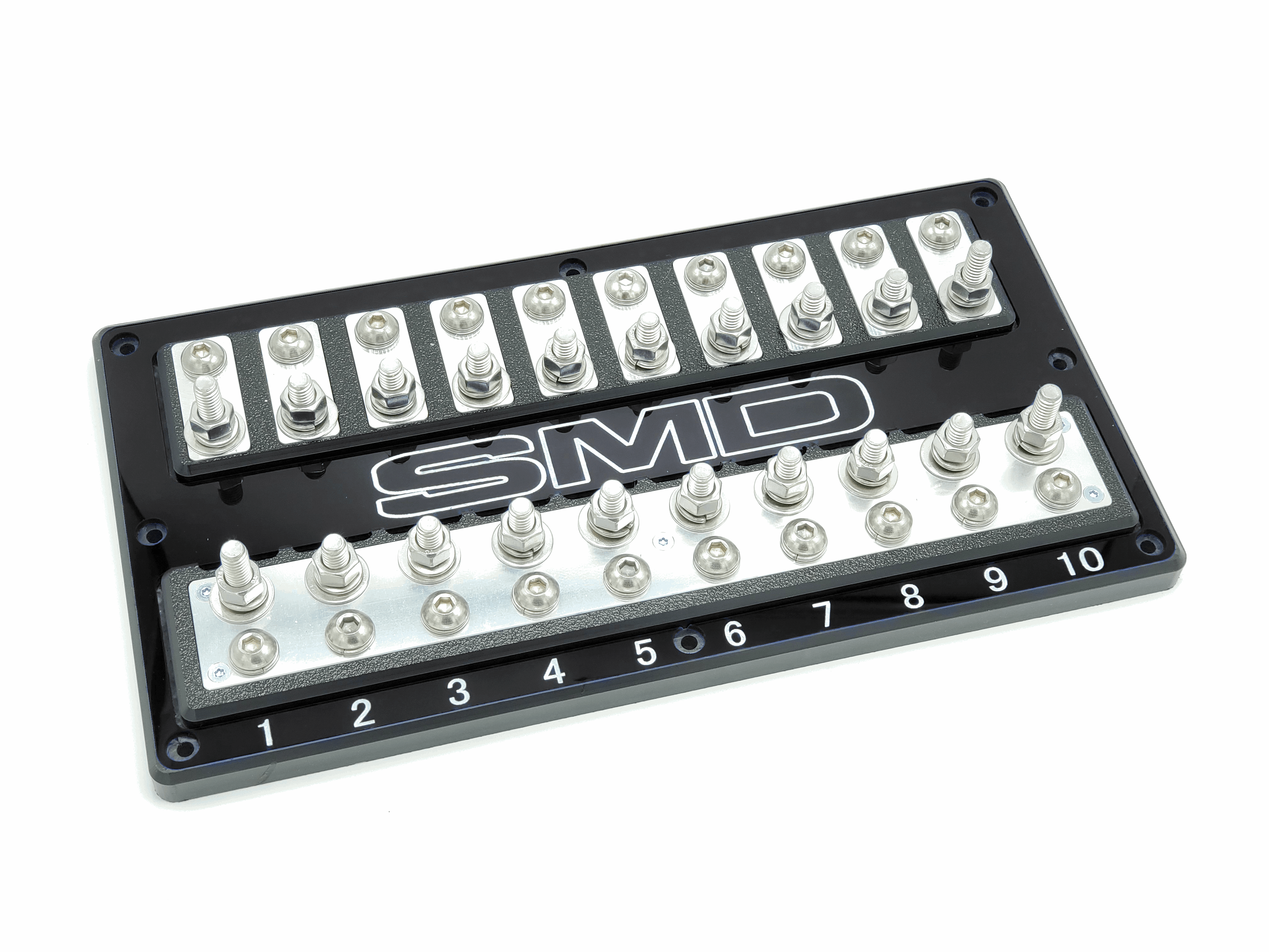 A black and silver circuit board constructed from durable materials, featuring labeled numbered connectors from 1 to 10 on each row. The letters SMD are prominently displayed in the center of the SMD Deca XL2 10-Spot ANL Fuse Block by Steve Meade Designs, which is engineered for optimal vehicle protection.