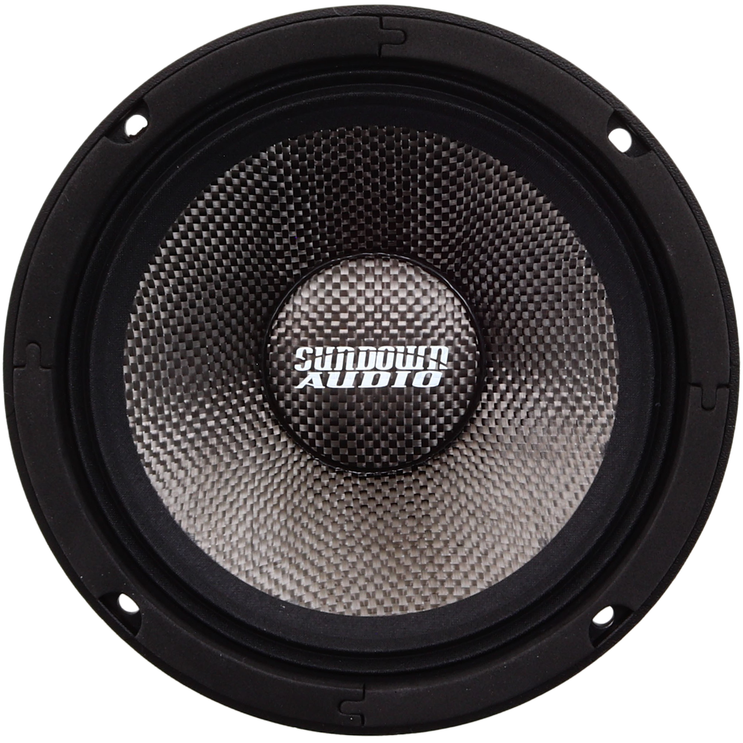 Take a closer look at the Sundown Audio NeoPro-6.5 v.4 Pro Audio Midrange Speaker, featuring a textured cone with a black outer ring and four mounting holes. The white logo of Sundown Audio is prominently displayed at the center, highlighting its sleek and modern design known for impressive sensitivity and power handling capabilities.