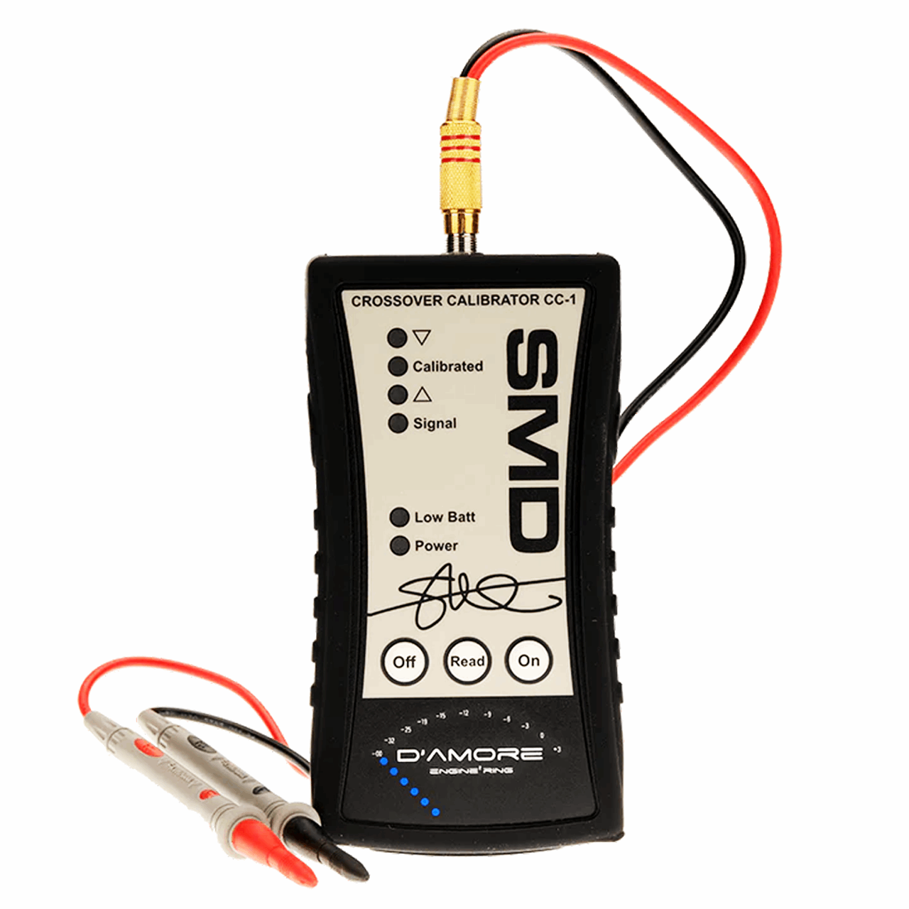 The SMD Crossover Calibrator CC-1 from Steve Meade Designs is a crucial tool for gain matching, particularly when testing amplifiers. This handheld device comes in black and includes red and black probes, along with indicator lights for calibration, signal status, low battery alert, and power. It features buttons labeled Off, Read, and On and has the SMD logo at the bottom.