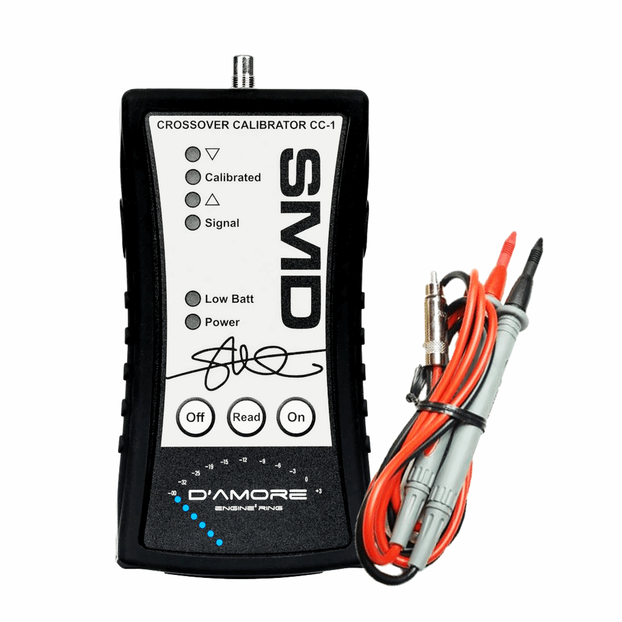 The SMD Crossover Calibrator CC-1 by Steve Meade Designs is a handheld device equipped with Off, Read, and On buttons. It features indicators for Calibrated, Sigma, Low Batt, and Power. For precise gain matching with amplifiers, it includes red and black test leads. The device prominently displays the SMD branding.