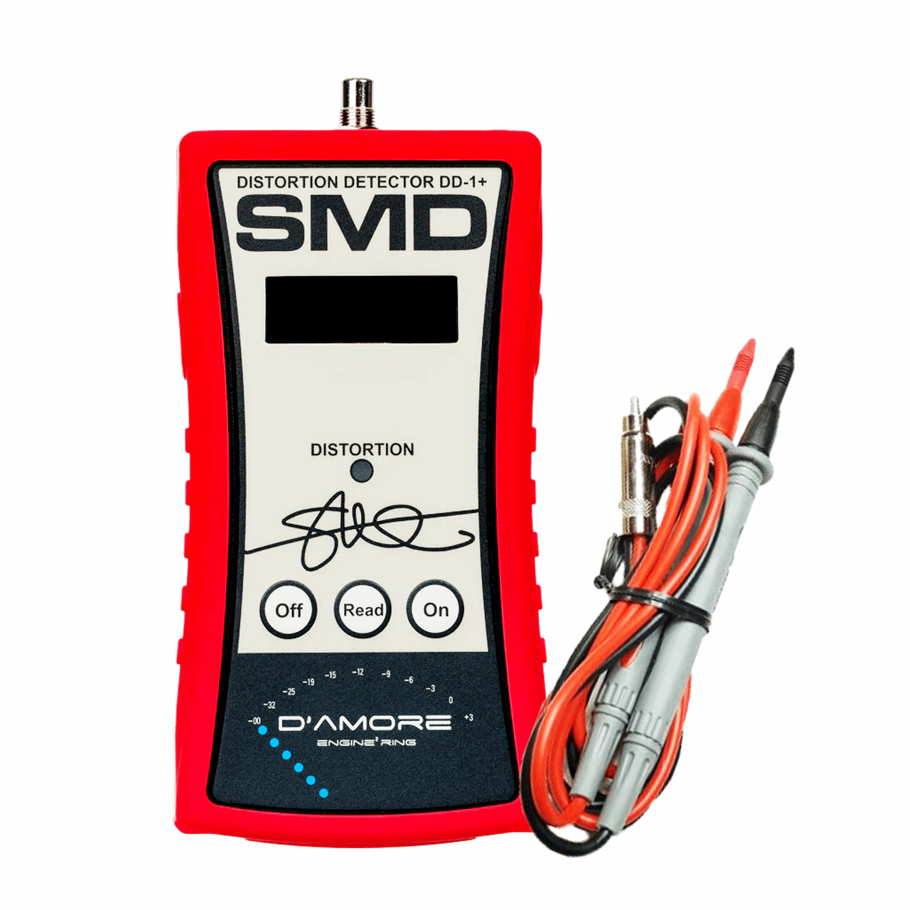 Introducing the SMD Distortion Detector Plus (DD-1+), a portable gain setting tool from Steve Meade Designs, featuring a striking red exterior. It comes equipped with control buttons and a compact display for seamless audio amplifier adjustments. A pair of test leads with clips are neatly coiled beside it, ensuring convenience and efficiency. Proudly marked with D'Amore Engineering at the bottom, this tool is essential for precise distortion detection.