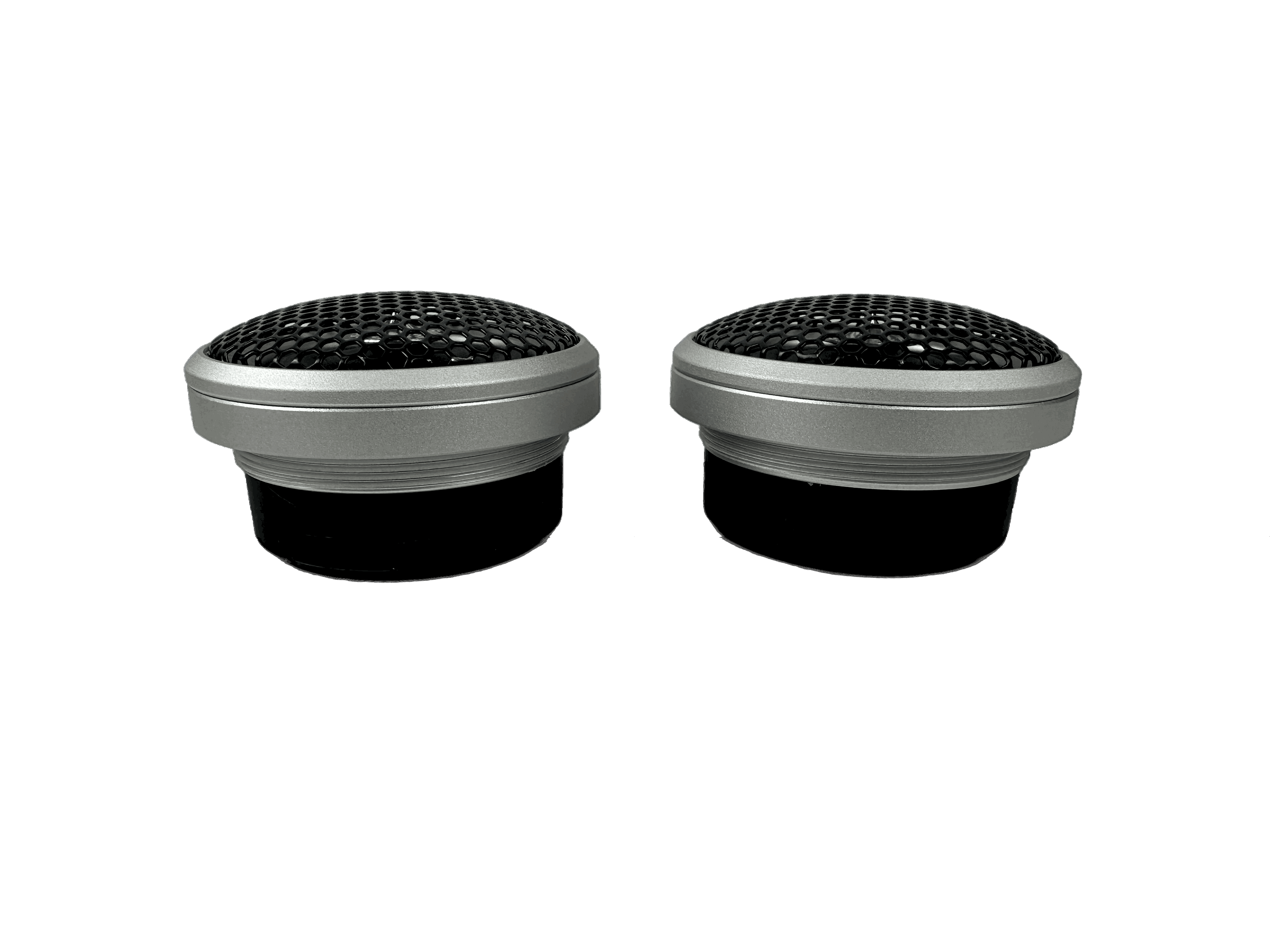 Two Resilient Sounds RS EST-1 1" NEO Tweeter speakers with a black and silver dome design on a black background, highlighting a textured mesh top for an impressive frequency range.