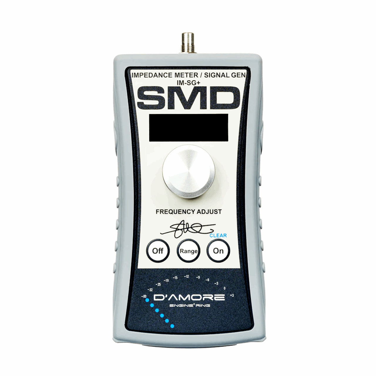 This advanced handheld device from Steve Meade Designs, known as the SMD IM-SG+ (Impedance Meter - Signal Generator PLUS), features buttons for Off, Range, and On. It includes a frequency adjust knob and displays text reading Impedance Meter / Signal Gen IM-SG+. This tool is ideal for fine-tuning speaker crossovers with its integrated signal generator.