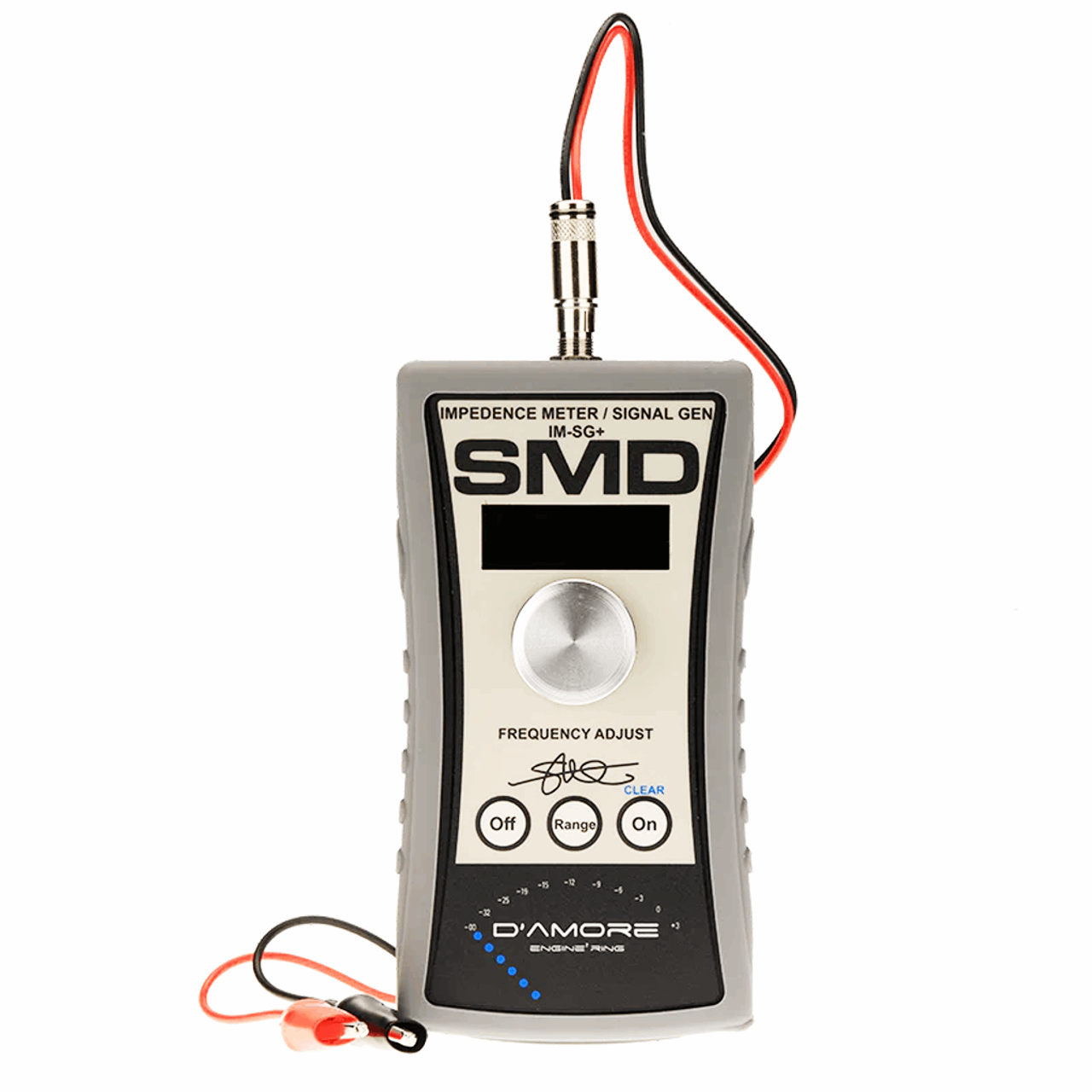 A black and gray SMD IM-SG+ impedance meter and signal generator from Steve Meade Designs features a digital display, frequency adjust knob, and on/off buttons. It includes red and black cables attached at the top, ideal for testing speaker crossover systems. The SMD brand name is visible at the bottom.