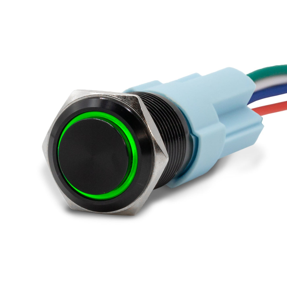 Latching Black Halo Ring 12V Push Button Switch SPDT - Green - B16 - 11DT - GN - Sparked Innovations