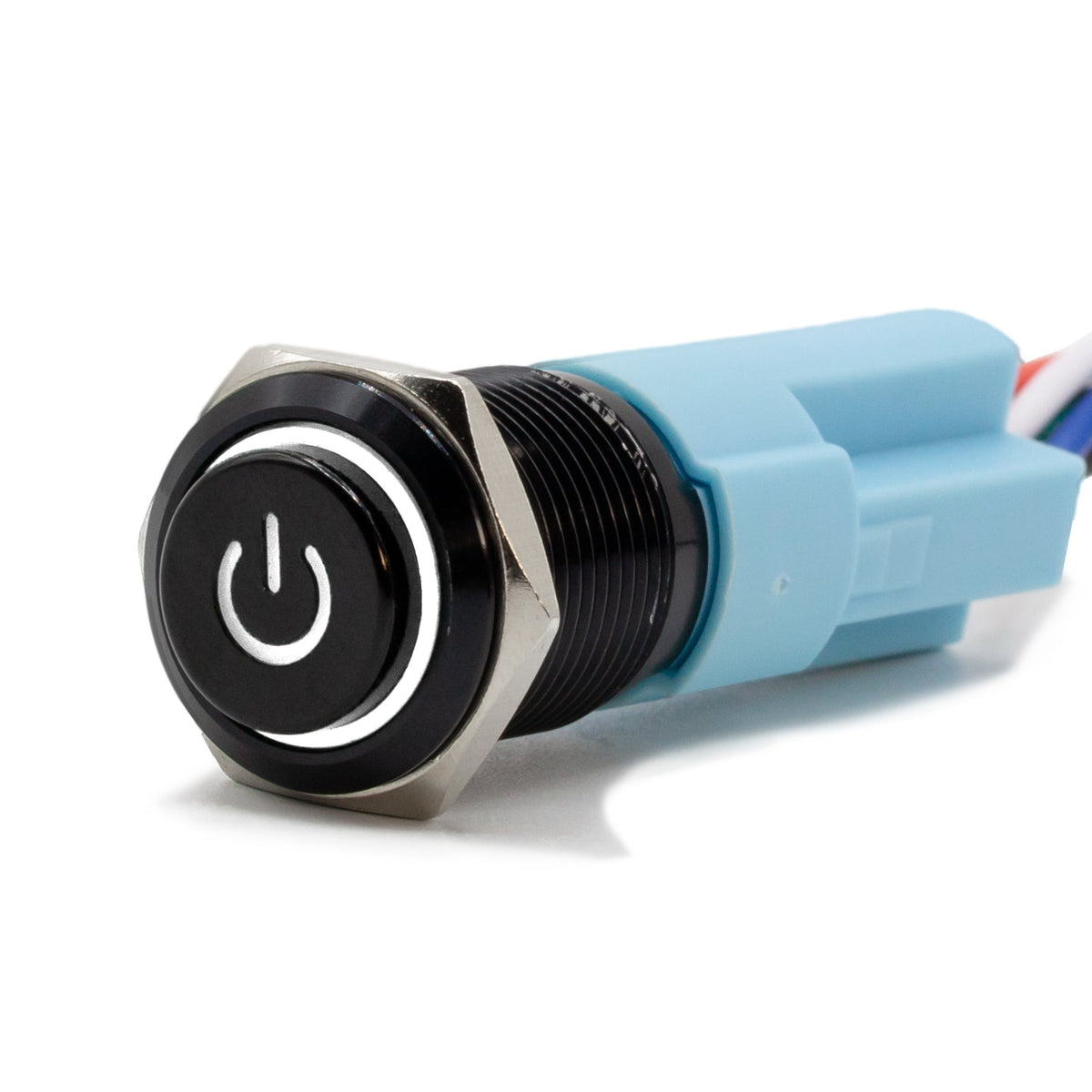 Latching Black Power Symbol 12V Push Button Switch SPDT - White - B16 - 11DDH - W - Sparked Innovations