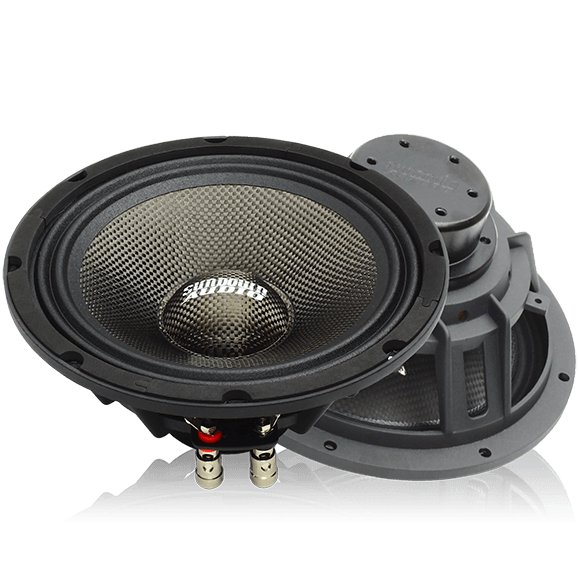 Two large Sundown Audio NeoPro-8 v.3 subwoofers are displayed, one upright and one on its side, with the brand logo on the cone of the upright subwoofer. Both feature a sleek metallic frame design and are perfect for enhancing mid-bass in car audio systems.