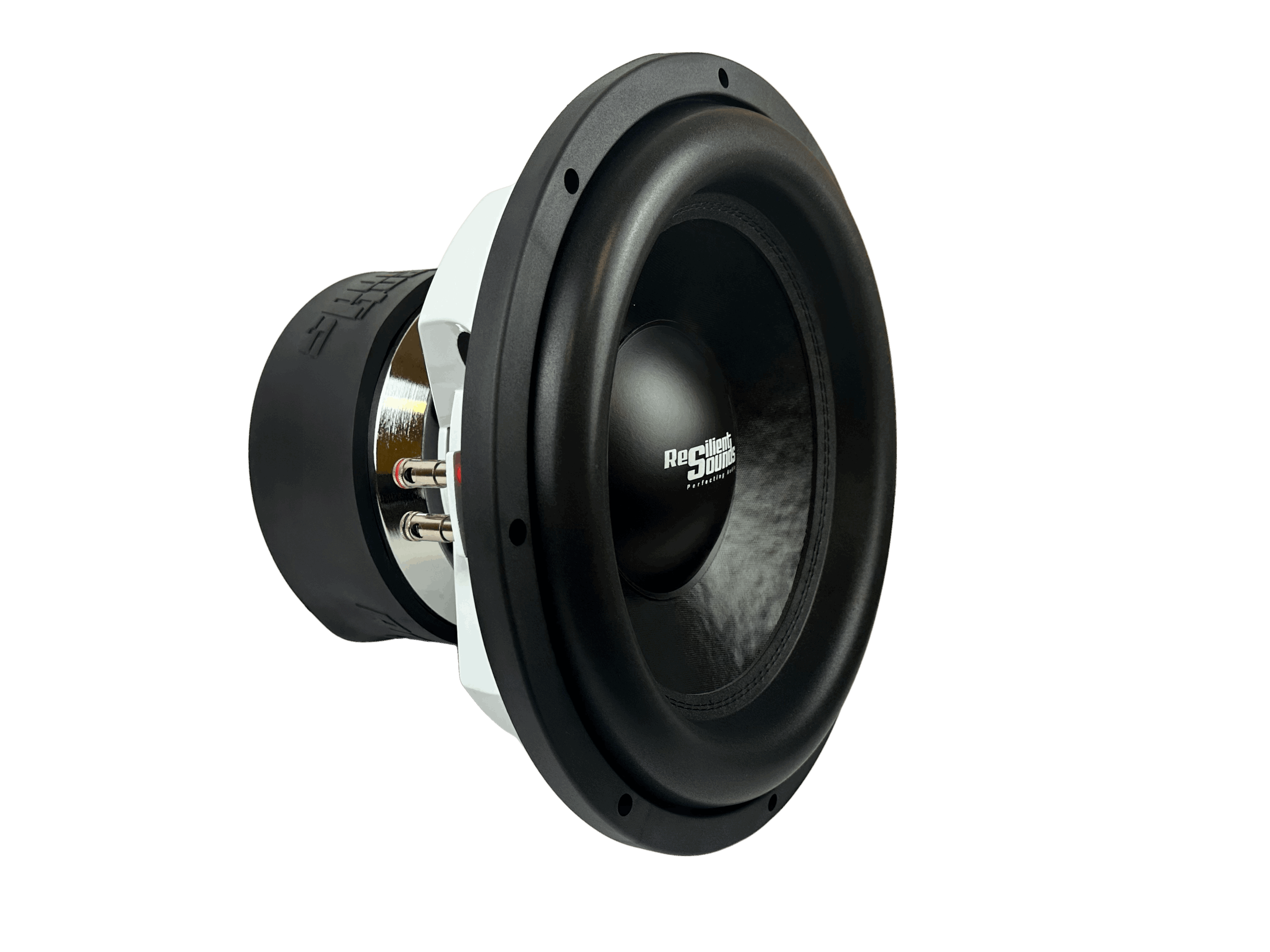 A Resilient Sounds RS PLATINUM 15 subwoofer, featuring a sleek black and silver design with a prominent large cone and branded center, is presented against a black background. This advanced audio equipment boasts 2000 watts RMS power and an FEA-optimized triple stack motor, showcasing its cutting-edge technology.