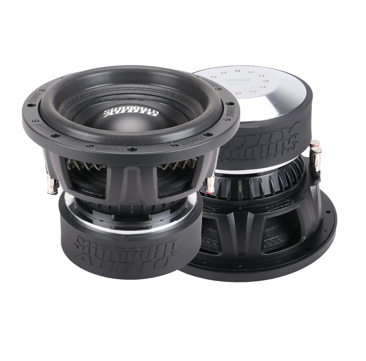 Two large Sundown Audio SA-Series v.3 10 black and silver subwoofers display visible coil structures and brand logos. Featuring RMS 1250 watts and dual voice coils, one faces forward while the other shows its back, highlighting their robust design and enclosure specs.