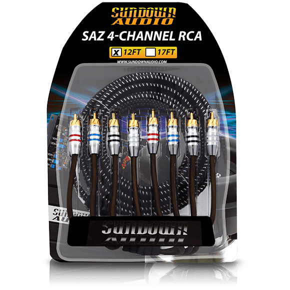 The packaging of Sundown Audio SAZ4-12FT 4-Channel RCA Interconnects features coiled black cables with high-grip, gold-plated connectors made from oxygen-free copper for top-notch sound, offering options in 12ft or 17ft lengths.