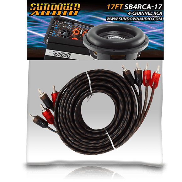 The SB4-17FT 4-channel RCA interconnect cable, 17 feet long, is neatly coiled and features red and black connectors. Above it, a Sundown Audio ad displays their audio equipment like speakers—a great choice for those desiring durable connectivity and enhanced sound clarity.