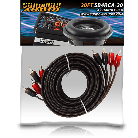 A coiled 20ft SB4-20FT 4-channel RCA cable by Sundown Audio features red and black connectors against a metallic background, highlighting twisted pair signal wire technology. Overhead, audio equipment is showcased with the brand name Sundown Audio.