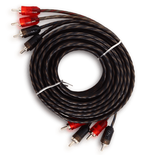The SB4-25FT 4-Channel RCA Interconnect Cables by Sundown Audio feature coiled cables with black connectors, red and black tips on both ends, and are secured with two twist ties.