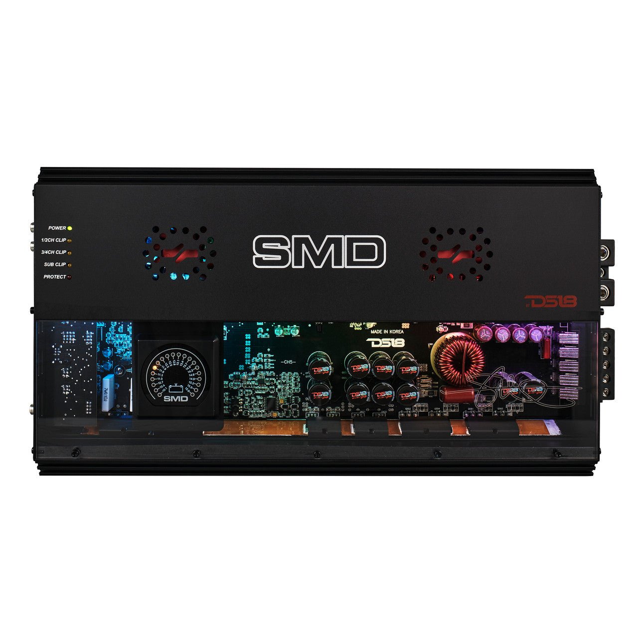 SMD 5 - Channel Amplifier with VM - 1 Voltmeter and Digital LED Lights 4 x 250W at 2 - Ohm Class AB + 1 x 1800W at 1 - Ohm Class D - Steve Meade Designs - SMD - 2800.5 - Sparked Innovations