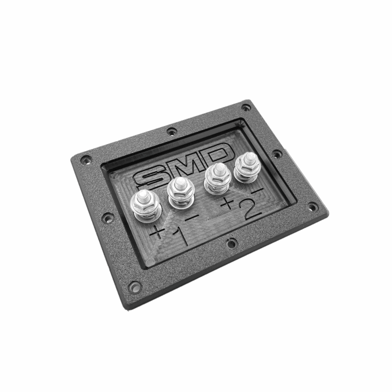 The SMD 2 Channel Speaker Terminal by Steve Meade Designs features a black panel with five silver terminals, labeled for easy identification. Arranged in two rows, it includes three terminals marked +1 and +, and two designated for +2. The panel's textured surface is equipped with mounting holes at the corners and durable stainless steel hardware, making it ideal for speaker box applications.