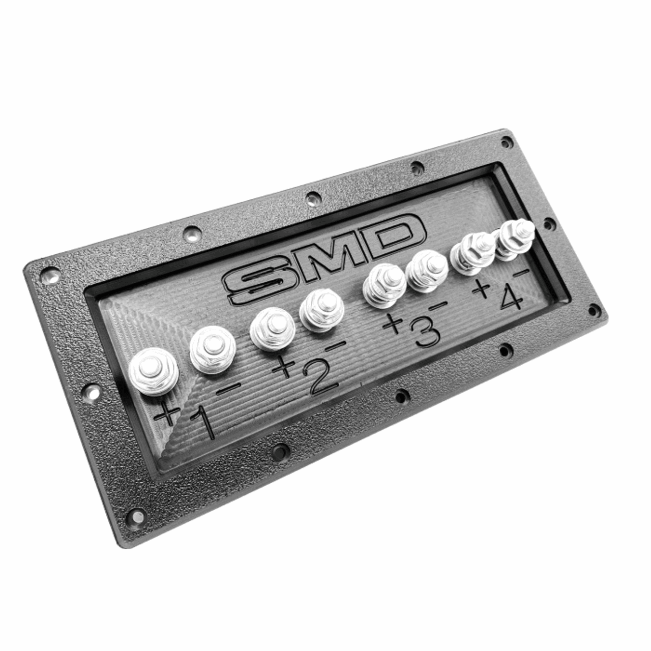 The SMD 4 Channel Speaker Terminal by Steve Meade Designs features a rectangular panel equipped with eight clearly labeled connection points, including two sets of rows marked from 1 to 4, each with plus and minus symbols. Its sleek black design includes a textured central surface, perfect for secure and reliable connections.