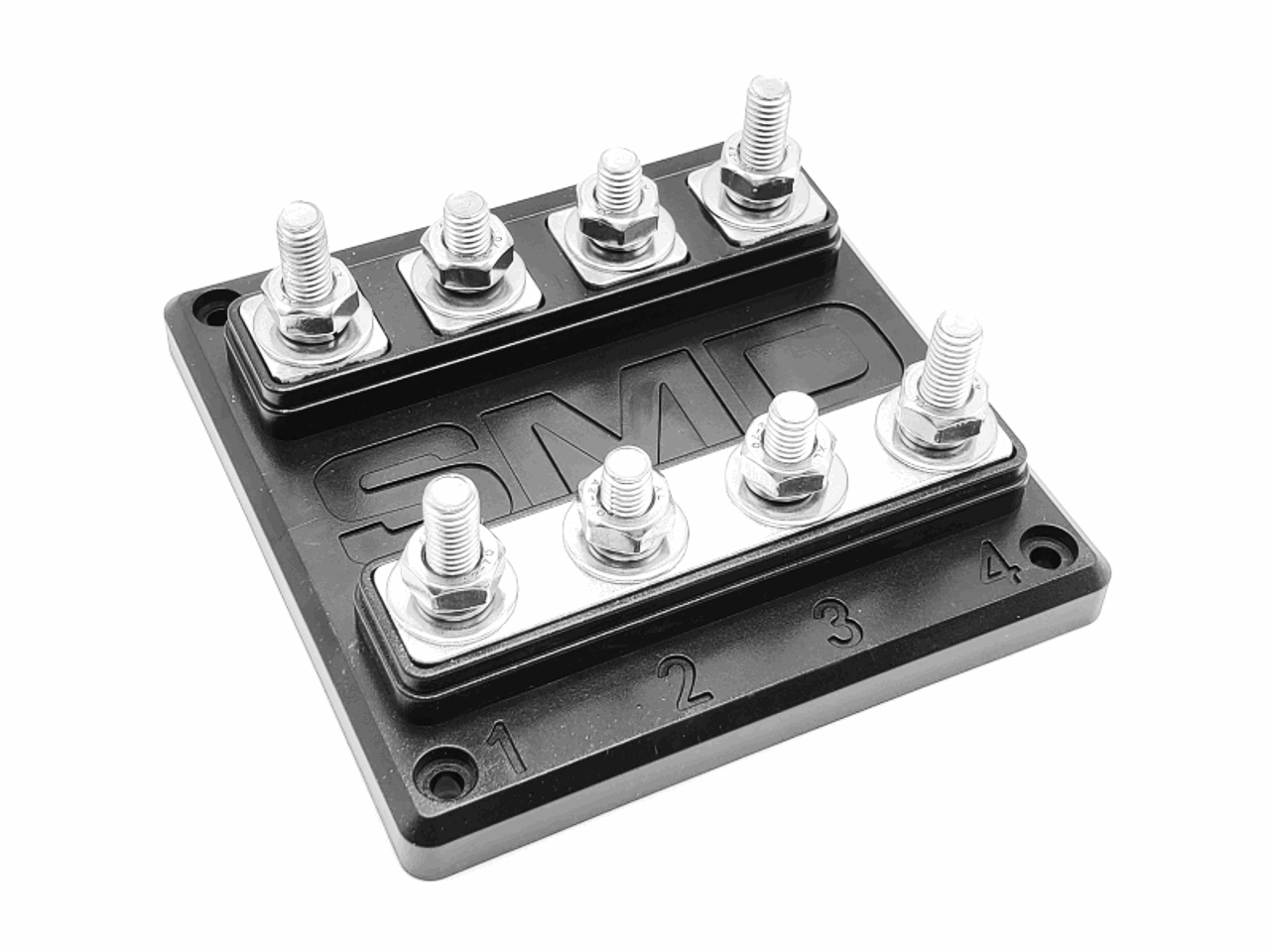 The SMD FB-4 Quad Fuse Block by Steve Meade Designs is a black electrical component with multiple metal terminals and numbered sections, providing optimal protection for vehicles.