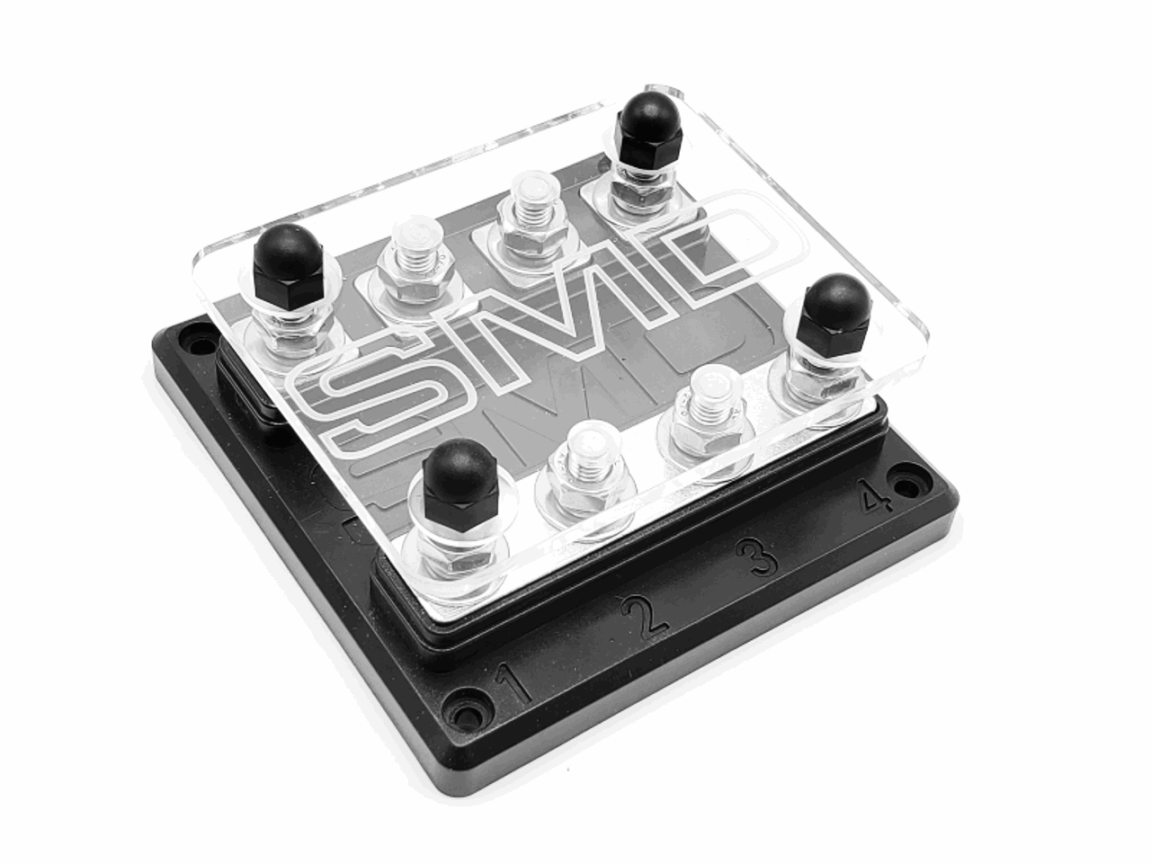 The SMD FB-4 Quad Fuse Block from Steve Meade Designs showcases a transparent circuit component with "SMD" inscribed on the top. It features several black and white connectors on a sleek, black rectangular base, marked with numbers 1 to 4. This ANL fuse holder ensures optimal vehicle protection while acting as a versatile quad fuse block.