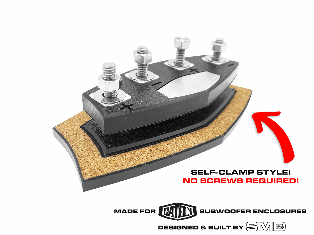 The image shows the SMD GA-TX2 from Gately Audio, a self-clamp style speaker terminal by Steve Meade Designs, featuring a cork base and metal bolts. The text reads "Self-Clamp Style! No Screws Required!" with a red arrow pointing to the terminal. This upgrade is ideal for subwoofer enclosures, providing an effortless enhancement to your audio system.