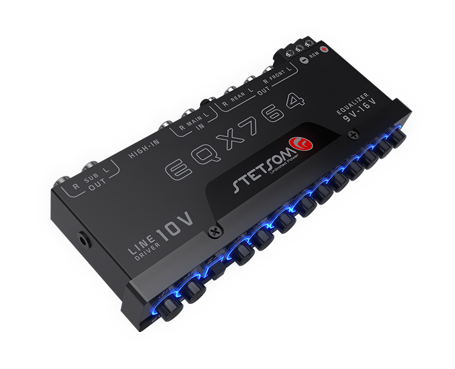 The Stetsom EQX764 - 7 Band EQ Equalizer is a black graphic equalizer that offers multiple input and subwoofer output options. It features control knobs along the bottom edge, illuminated with blue lights, and displays text for various audio equalization settings on its top surface.