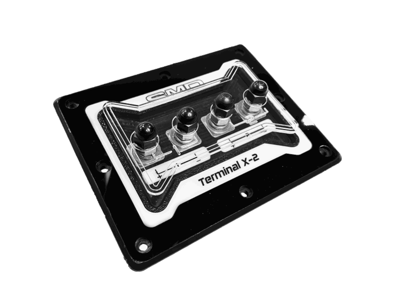 A rectangular audio device in black and white is labeled SMD 2 Channel Speaker Terminal X-2 (TX-2) by Steve Meade Designs, and features four input connectors.