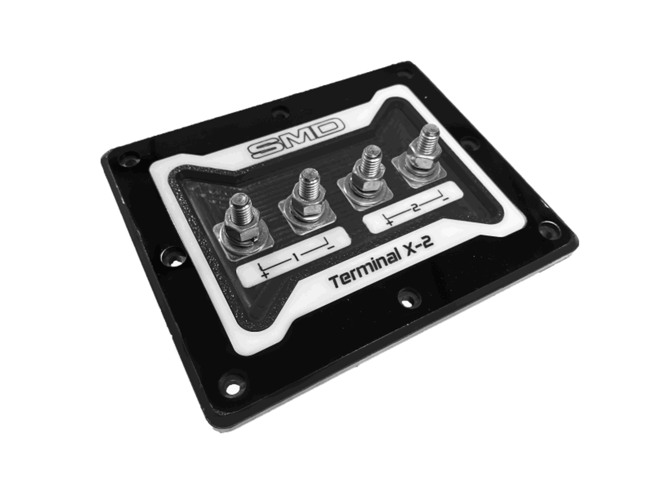 The SMD 2 Channel Speaker Terminal X-2 (TX-2) by Steve Meade Designs is a black and white electrical terminal board that includes four bolt terminals with metal studs, with positions 1 and 2 clearly marked. Its design features a bold line pattern around the studs, contributing to its sleek and organized appearance.