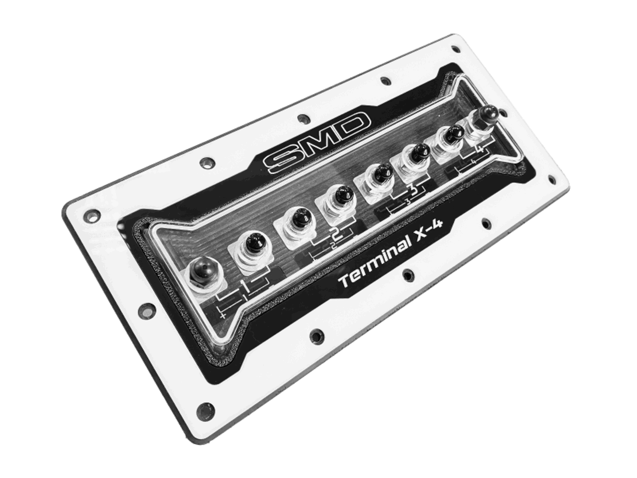 A black and white image of the SMD 4 Channel Speaker Terminal X-4 (TX-4) by Steve Meade Designs. This device showcases eight metal terminals arranged in a horizontal row, enclosed within a rectangular frame. It is engineered for electrical connections, emphasizing its precise function and adaptability with diverse setups.