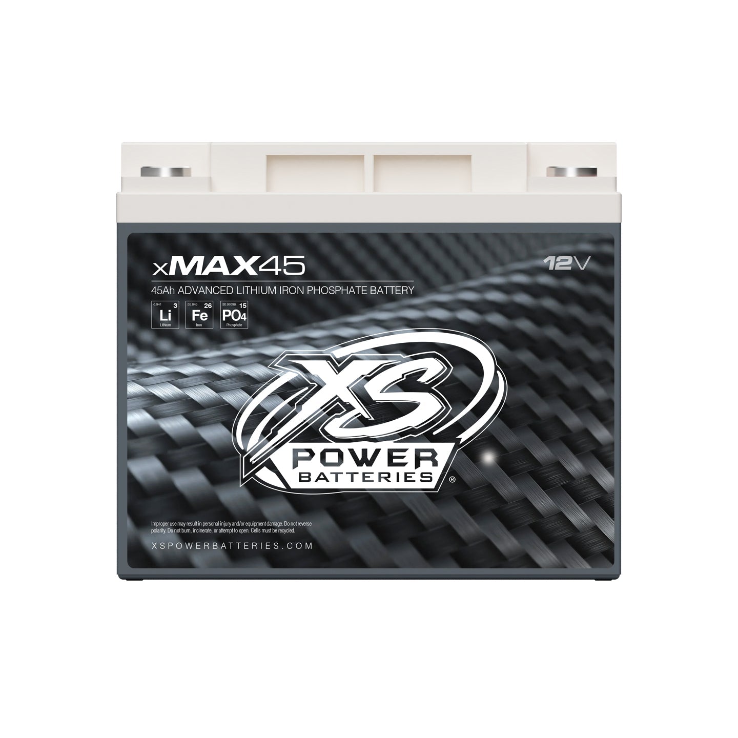 The XS Power xMax-45 is a high-performance audio solution with a sleek carbon fiber design. Rated at 45Ah, this 12V lithium iron phosphate battery ensures efficient energy storage and showcases Li, Fe, and PO4 elements. The website link is visible at the bottom.