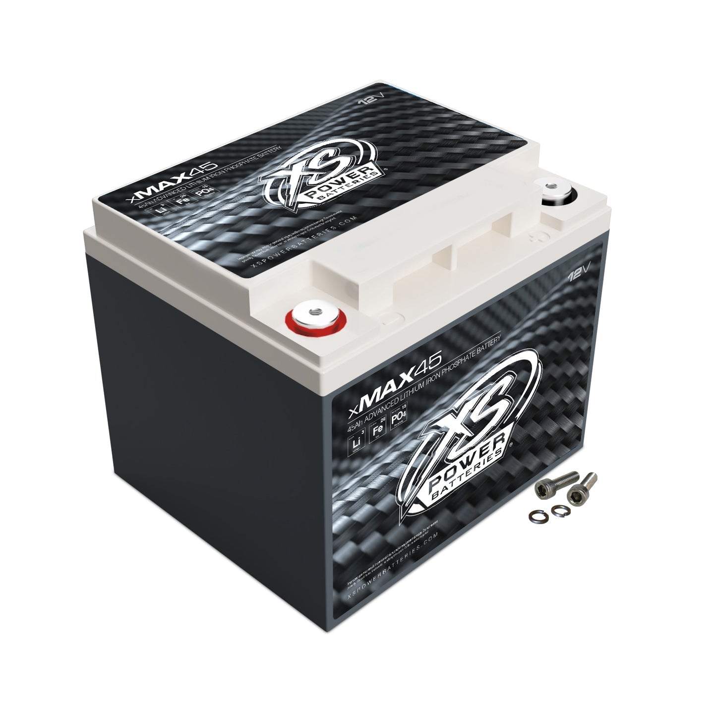 The XS Power xMax-45 12V Lithium Battery XMAX45 features a carbon fiber pattern, red and black terminals, and includes small screws. Ideal for high-performance audio systems, this black and white battery from XS Power stands out with its robust design.