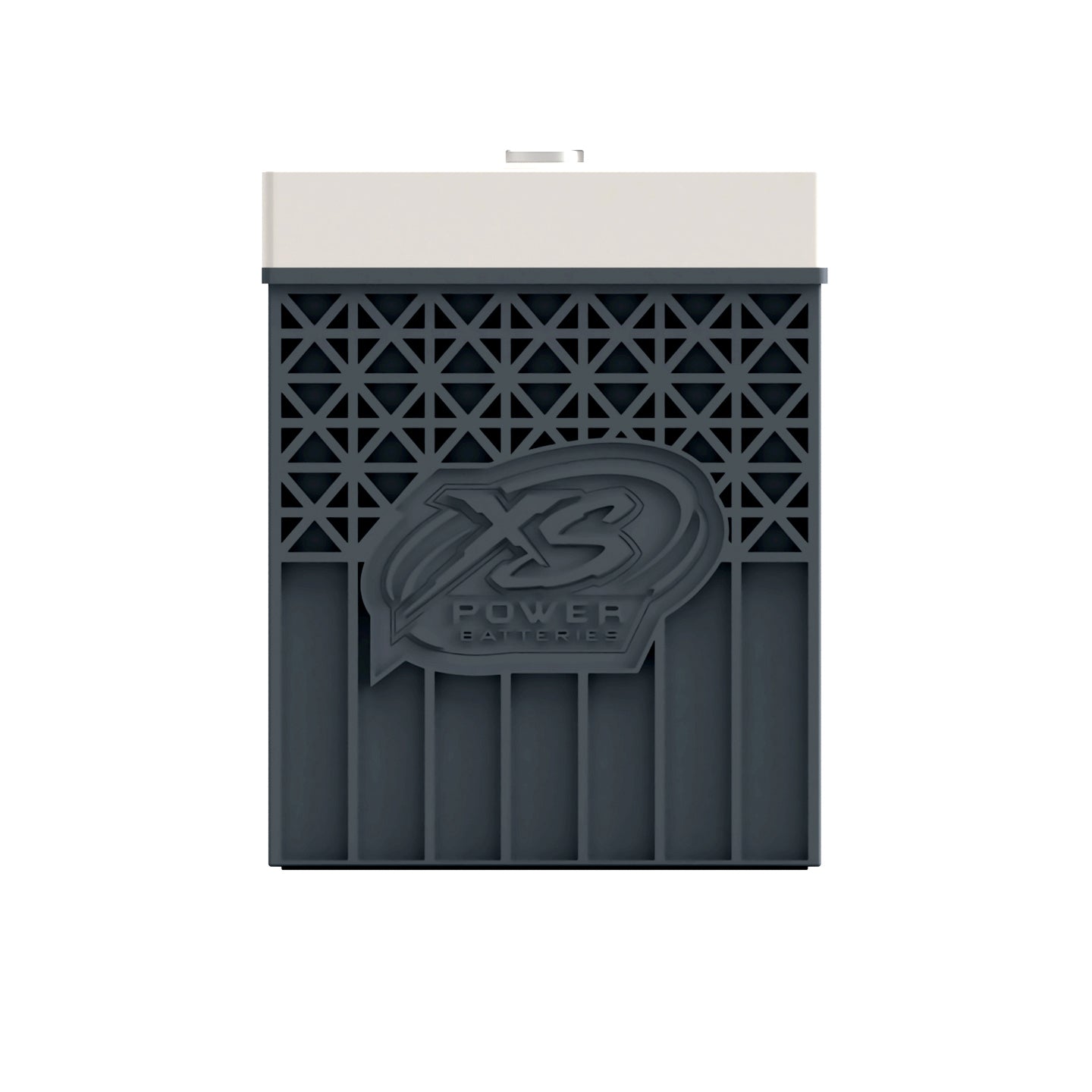 The XS Power xMax-90 12V Lithium Battery, part of the xMax Series by XS Power, is a rectangular black battery with a geometric pattern on the front and a white top. It prominently features an embossed logo with the letters XS and the words Power Batteries, highlighting its role in the 12V Lithium Batteries lineup.