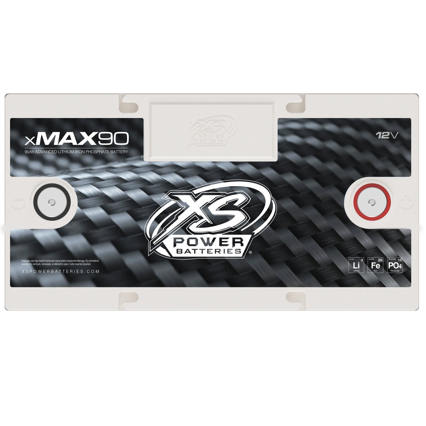 The image showcases an XS Power xMax-90 12V Lithium battery from the xMax Series. This standout product features a sleek black woven pattern adorned with the XS Power logo, highlighting its advanced design.