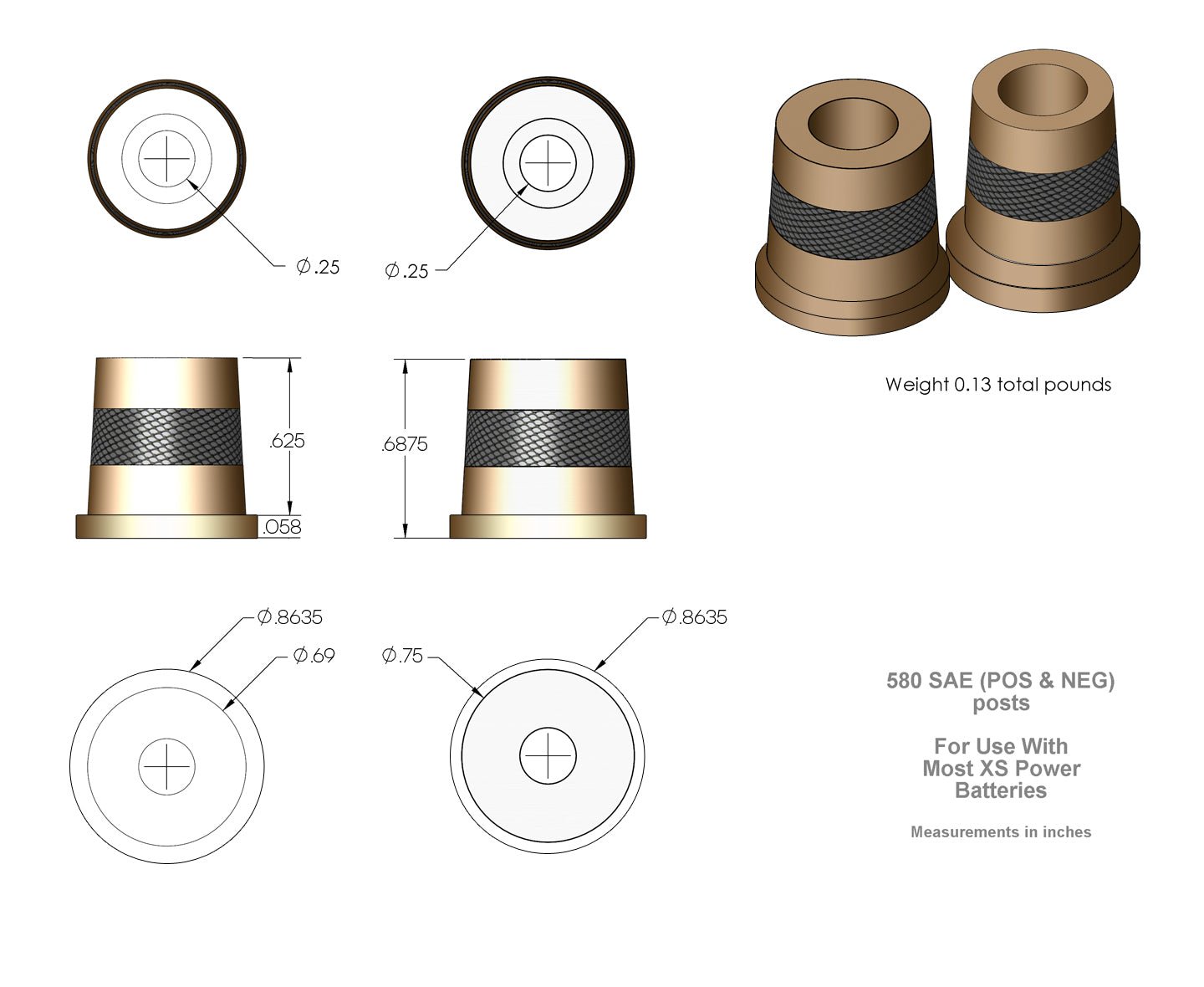 XS Power 580 Short Brass Post Adaptors M6 - 580 - Sparked Innovations